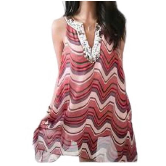 Free People Women Chiffon Tunic Top Mini Dress Size S Sequin Orange Pink - Picture 1 of 11